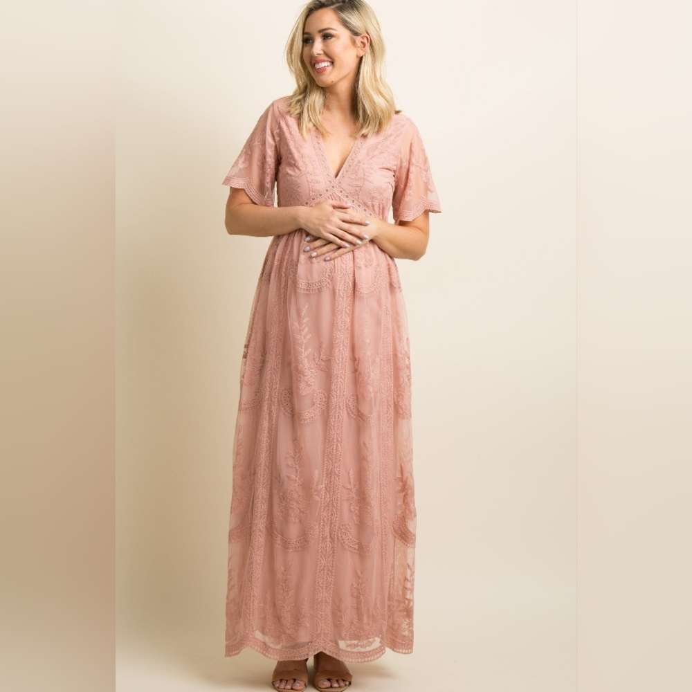 Pink Blush Light Blush Pink Lace Mesh Overlay Maternity Maxi Dress -Small